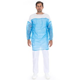 FRANZ MENSCH Hygostar Duo Gown without Perforation, PP/PE, White/Blue, XL, L: 103 cm, Circumference: 142 cm, Without Perforation, Disposable Gown / Protective Gown / Medical Gown / Pack of 100