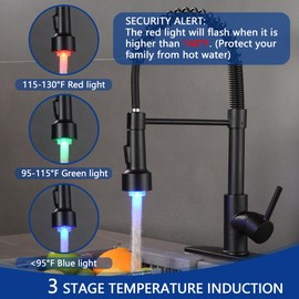 LEMYEF kitchen faucet LED spray head，3-Function Prevent burns spray head，9/16-13/16 IN standard size adapter, replacement sink pull-down faucet, spring single handle faucet(Matte black)