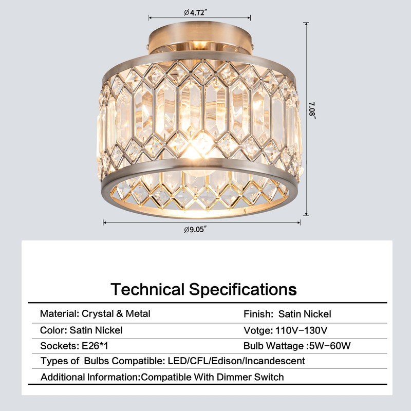 Rpzloila Crystal Ceiling Light Fixture, Modern Semi Flush Mount Ceiling