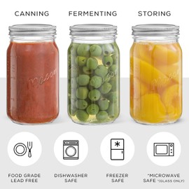 32 Oz Mason Jars With Lids, Labels and Measures! 6-Pack Wide Mouth Mason Jars, Glass Jar with Lid and Band. Airtight Canning Jars, Overnight Oats Jars, Salad Jars, Sourdough Starter Jar