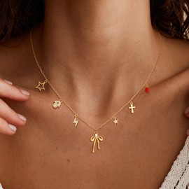 Carffordo Charm Necklace for Women - Dainty Chain Necklace 14K Gold Plated Cross Bow Lightning Star Strawberry Evil Eye Pendant Necklace for Women Trendy Jewelry Gifts