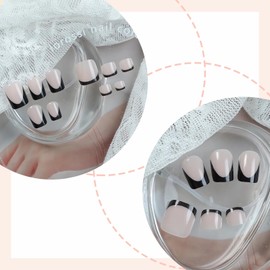 BABALAL Square Press on Nails Short & Press on Toenails Set - Black French Tip Fake Toe Nails Press Art Tips Glue on Nails Supplies, Summer False Toe Nails with Design Natural Nails 48Pcs DIY Nail Kit