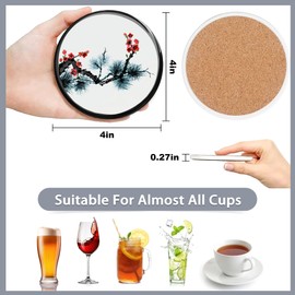 Drink Coasters Set of 6 with Holder,Japanese Cherry Blossom and Fujiyama Mountain Absorbent Ceramic Coasters with Cork Base,Fit All Cups,Tabletop Protection Mat for Mugs and Cups,Office,Kitchen