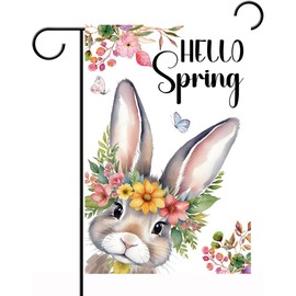 iWeeta Hello Spring Garden Flag 12x18 Inch Double Sided Outside, Bunny with Floral Wreath Porch Yard Patio Outdoor Decoration