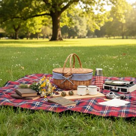 Wicker Picnic Basket with Lid and Handle Sturdy Woven Body with Washable Lining,Blue Stripe