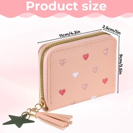 Pink Leather Wallet for Women, Pink Heart Wallet with Zipper, Leather Wallets with Heart-Embroidery Credit Card Holder for Girls with Tassels Pendant