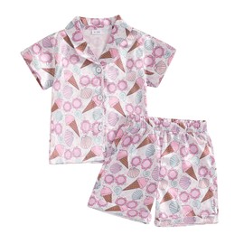 Geagodelia Toddler Baby Girl Satin Pajamas Outfits Short Sleeve Lapel Neck Bow/Floral/Fruit Print Shirts Tops with Elastic Shorts Sets Sleepwear Loungewear for Little Girls (Pink Ice, 4-5 Years)