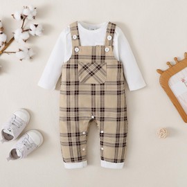 puseky Baby Boy Clothes Suit 12-18 Months Newborn Infant Long Sleeve Romper and Plaid Suspenders Overall Pants Spring Fall Outfits White