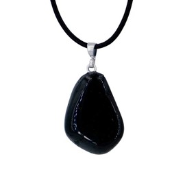Taddart Minerals - Small Black Tumbled Stone Pendant Made from Natural Gemstone Tourmaline Schorl with Leather Chain, Leather, Tourmaline