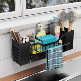 Koolkasa Sink Organiser, Kitchen Sponge Holder, Sink Organiser with Dish Cloth Holder and Storage Box, Metal Sink Organiser with Automatic Drain Pan, Can Hang (Black)