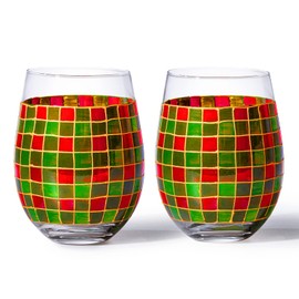 The Wine Savant Crystal New Years Artisanal Hand Painted Stemless Glasses Set of 2 - Rennesance Romantic Stain-glassed Windows - Festive Holiday Perfect for Holidays Parties, Gifts for Him & Her