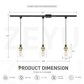 zeyu 3-Light H-Type Track Lighting Pendants, Modern Track Lighting Fixtures, Hanging Track Lighting for Kitchen Island, Clear Glass Shade, Black and Gold Finish, ZG33TP-3 BK+BG