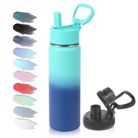 Volhoply 20oz Insulated Stainless Steel Water Bottle with Straw Lid,Kids Wide Mouth Double Wall Vacuum Thermos with Handle,Reusable Outdoor Sports Metal Bottles,Travel Flask Keep Cold(Green Blue,1)