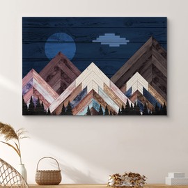 SIGNFORD Canvas Print Wall Art Western Decor Woodblock Night Mountain Range Nature Wilderness Wood Panels Modern Art Contemporary Scenic Multicolor Warm for Living Room, Bedroom, Office - 32x48