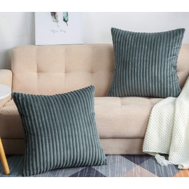TangDepot, Set of 2 Soft Plush Velvet Big Striped Corduroy Solid Decorative Throw Pillow Covers, Square Pillow Covers - (22"x22" 2 Pieces, A28 Deep Grey)