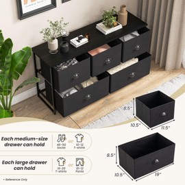 Giantex Black Dresser for Bedroom with 5 Drawers - Wide Clothes Storage Organizer w/ 5 Fabric Bins, Sturdy Metal Frame, TV Stand for Living Room, Chest of Drawers, Closet Organizers and Storage