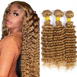 Color #27 Bundle Honey Blonde Deep Wave Human Hair Bundles 20 22 24 Inch Honey Golden Blonde Bundle #27 Deep Wave Bundles Human Hair Weave