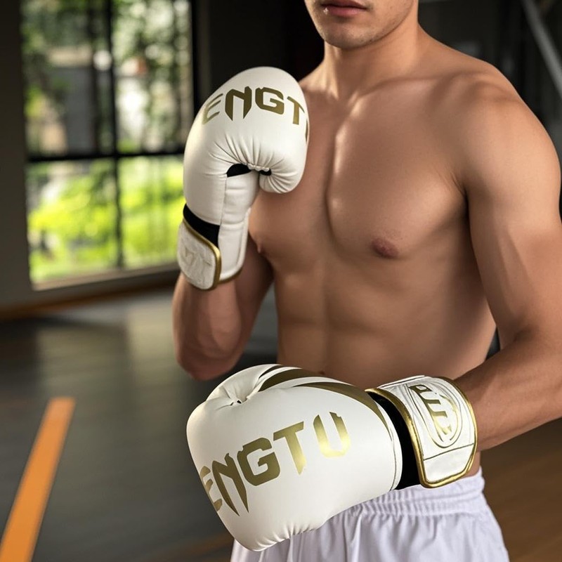 bokalaka Boxing Gloves White Gold Premium Faux Leather Training Gloves