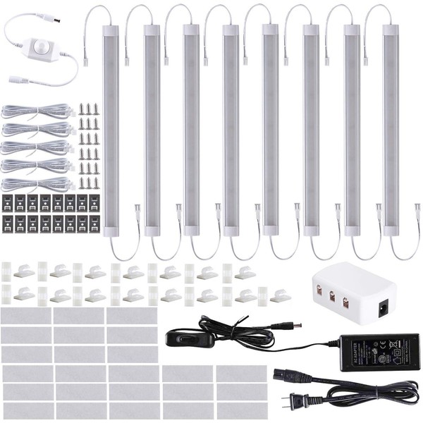 LED Under Counter Lighting Kit, Dimmable Kitchen Cabinet Strip Lighting Fixture,Hardwired Plug in,24W 8 pcs Bar Lights for Kitchen, Closet, Showcase, Shelf Lighting, 11 Inches DC 24V(Daywhite)