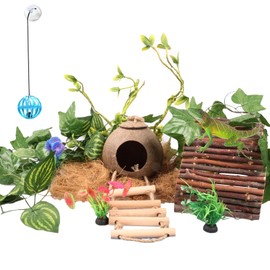 RUNANIA Crested Gecko Tank Accessories，Reptile Vines Plants with Coconut Shell Ladder Hideout Hermit Crab Decor for Bearded Dragon Lizard Chameleon Tortoise Snake