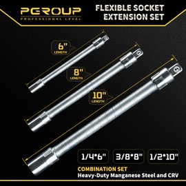 pgroup Flexible Socket Extension Bar Set 3-Piece 1/2" 3/8" 1/4" Shaft Drive 10" 8" 6"-Spring-Loaded Detent Balls to Prevent Slipping