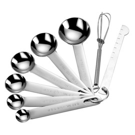 Eaykee Measuring Spoons Set with Leveler and Whisk, 8 Piece Stainless Steel Kitchen Gadgets, Fits in Kitchen Spice Jars for Baking & Cooking