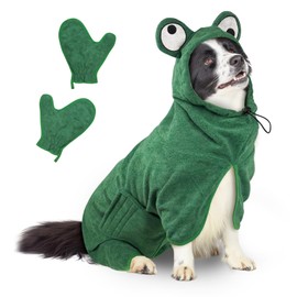 Bibykivn Bathrobe for Dogs, Microfibre Dog Bathrobe, Adjustable Collar with Velcro Closure, Quick Drying, Bath Towel for Large, Medium, Small Dogs/Cats (Green Frog, M)