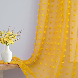 DANCURTON Pom Pom Mustard Yellow Sheer Curtains 63 Inch Length for Bedroom Decor Set of 2 Panels Semi Sheer Gold Yellow Drapes for Bay Window Kitchen Kids Nursery Girls Room Back Tab Rod Pocket 52x63