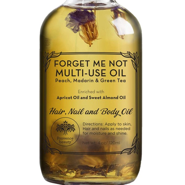 Multi-Use Oil for Face, Body and Hair - Forget Me Not - Organic Blend of Apricot, Vitamin E and Sweet Almond Oil Moisturizer for Dry Skin, Scalp and Nails - Peach, Mandorin and Green Tea - 4 Fl Oz