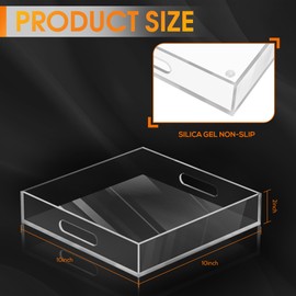MAONAME Acrylic Serving Tray with Handles, 10"X10" Rectangular Clear Tray, Ottoman Decorative Trays, Coffee Table Trays for Countertop, Living Room, Office