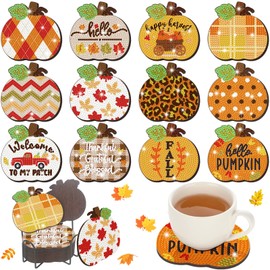 Suttmin 12 Pcs Fall Thanksgiving Diamond Art Coasters Pumpkin Diamond Painting Coasters with Holder DIY Pumpkin Diamond Coasters Kit Rustic Diamond Coasters Crafts for Gift Kids Adult Beginners DIY