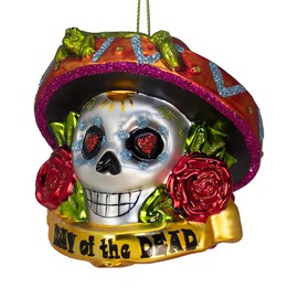 Kurt Adler Glass Day of The Dead Skull with Gecko Ornament