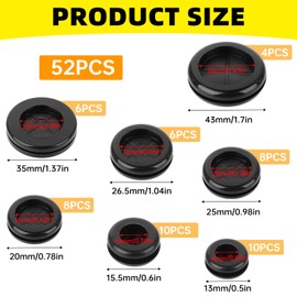 Rubber Grommets Set, 52 Pieces Cable Grommet Rubber, 7 Sizes O Ring Rubber Assortment, Cable Grommet, Waterproof, Rubber Grommets from Protect Plugs and Cables (8/10/16/20/22/25/38 mm)