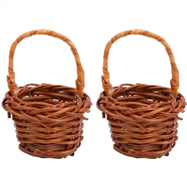 2 Pcs Mini Woven Baskets with Handles Miniature Fairy Garden Decoration Handwoven Flower Basket for Dollhouse Accessories