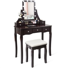 LDAILY Vanity Table Set with 10 LED Lights, Dressing Makeup Vanity with 360° Rotating Lighted Square Mirror, Cushioned Stool & 5 Drawers, Modern Bedroom Vanity Desk for Girls Women (Brown)