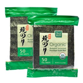 ONE ORGANIC Sushi Nori Premium Roasted Organic Seaweed (50 Full Sheets) - 2 Packs