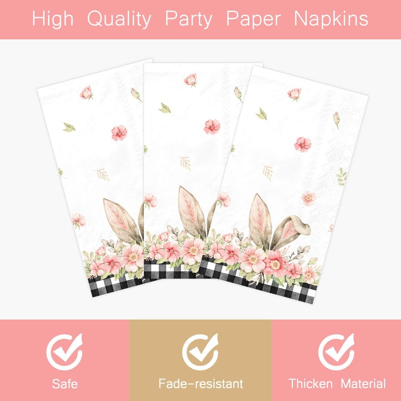 100 Pack Easter Bunny Paper Napkins Spring Flower Buffalo Plaid