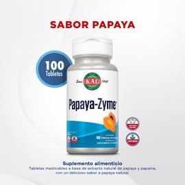 KAL Papaya Zyme/Enzima de Papaya (Papaína)/ 100 Tabletas masticables, Formulación Vegetariano, ingredientes 100% naturales.