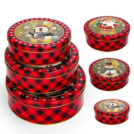 JarThenaAMCS 3Pcs Christmas Plaid Cookie Tins with Lids Xmas Santa Snowman Penguin Tin Containers with Window Winter Large Medium Small Metal Treat Tin Boxes for Party Gift Giving