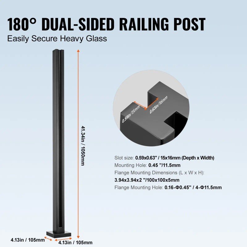 41.34\" Height Glass Railing Bracket 0.39\"-0.47\" Thickness Tempered Glass 304