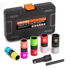 1/2-Inch Drive 7pc Half Size Lug Nut Flip Socket Set, Wheel Protector Impact Deep Socket, Non-Marring Thin Wall Wheel Nut Socket for Car, CR-MO Steel, Metric, W12207