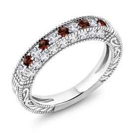 Gem Stone King 925 Sterling Silver Red Garnet and White Created Sapphire Ladies Anniversary Wedding Band Ring (1.00 Cttw, Available In Size 5,6,7,8,9)