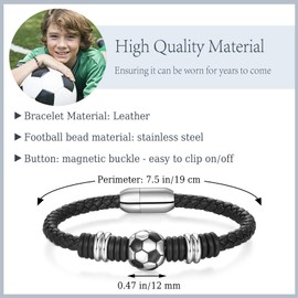 Twutqel Football Leather Bracelet for Boys, Black Braided Rope Wrists Bracelet with Stainless Steel Football Charm, Football Jewellery Gifts for Son Grandson Friends Team (Football Boy)