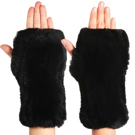 Geyoga Fingerless Fur Gloves Smooth Faux Rabbit Furry Gloves Winter Warm Knitted Gloves for Women Lady(Black)