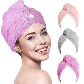 RIGHTWELL Hair Turban Towel, 3 Pack, Turban Towel with Button, Headscarf Towel, Quick Drying Microfibre Towel for Long Hair