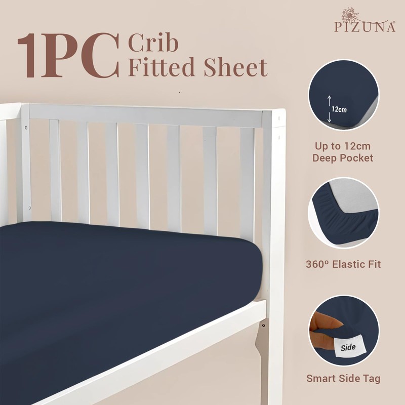 Pizuna 100% Cotton Fitted Crib Sheet Dark Blue, 400 Thread
