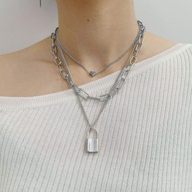 Gleamart Silver Chain Layered Necklace Lock Three Layer Necklace for Women