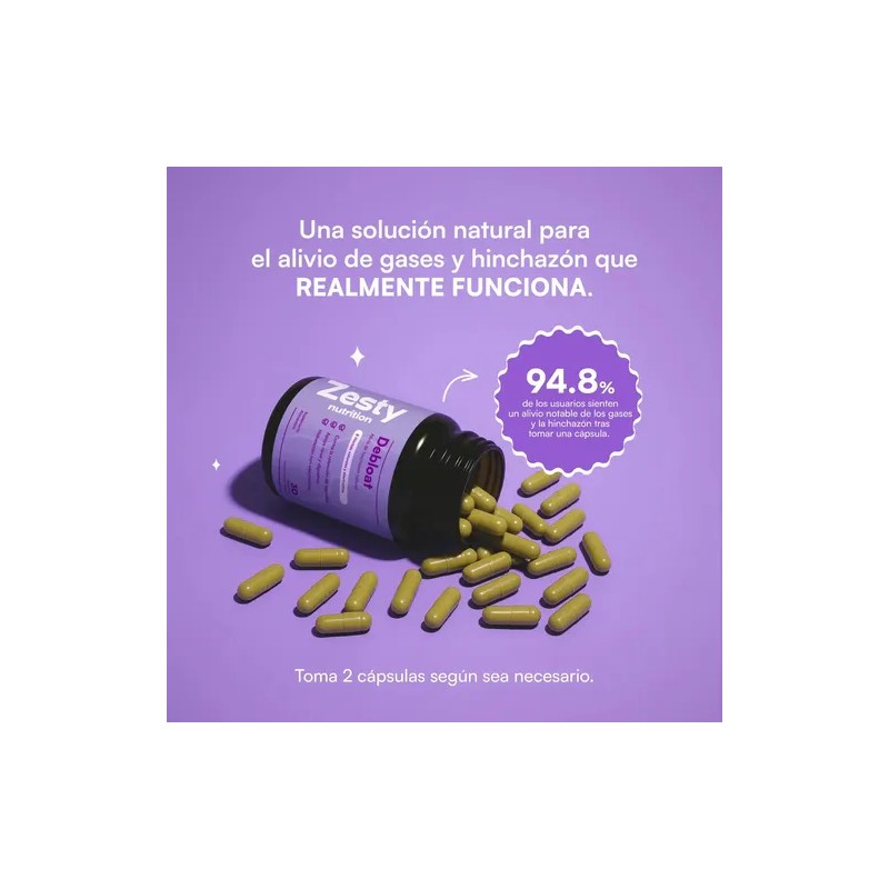 Zesty Debloat Suplemento Digestivo Alivia Hinchazón 30 Cap Sin Sabor
