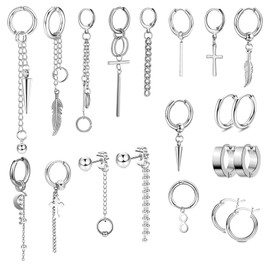 INPION 20PCS Dangle Earrings for Men, Stainless Steel Hinged Huggie Hoop Earrings Silver Cross Chain Dangle Earrings Feather Dangle Earrings for Men Women Gift for Birthday Father's Day Christmas
