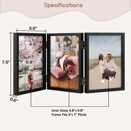 5x7 Triple Hinged Frames, 3 Folding Picture Frame, Stand Vertically on Desktop or Tabletop, Black